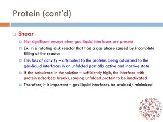 Protein (cont’d)
 Shear
 Not significant except when gas-liquid interfaces are present
 Ex. In a rotating disk reactor that had a gas phase caused by incomplete
filling of the reactor
 This loss of activity – attributed to the proteins being adsorbed to the
gas-liquid interfaces in an unfolded partially active and inactive state
 If the turbulence in the solution – sufficiently high, the interface with
protein adsorbed breaks, causing unfolded protein to be inactivated
 Therefore, it is important – gas-liquid interfaces be avoided/ minimized
 