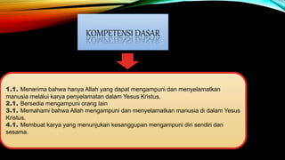 KOMPETENSI DASAR
1.1. Menerima bahwa hanya Allah yang dapat mengampuni dan menyelamatkan
manusia melalui karya penyelamatan dalam Yesus Kristus.
2.1. Bersedia mengampuni orang lain
3.1. Memahami bahwa Allah mengampuni dan menyelamatkan manusia di dalam Yesus
Kristus.
4.1. Membuat karya yang menunjukan kesanggupan mengampuni diri sendiri dan
sesama.
 
