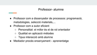 Professor- alumne
● Professor com a dissenyador de processos: programació,
metodologies, selecció materials,...
● Professor com a autor eficient
○ Personalitat: el millor és el de rol orientador
○ Qualitat en aplicació métodes
○ Tipus interacció amb alumne
● Mediador procés ensenyament - aprenentatge
 