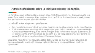 Altres interaccions: entre la institució escolar i la família
La família és un sistema i l’escola un altre. Cal diferenciar-ho. Cadascuna té les
seves funcions i una no pot fer les funcions de l’altre. La família ocupa el primer
lloc en l'educació dels seus fills i filles.
La relació entre els pares i professors
- les dues han de construir un pont basant-se en el respecte mutu i confiança.
- L’alumne se sent sostingut i acompanyat pels adults en el seu aprenentatge.
Qualsevol desordre que es produeixi (ex. si la família no ocupa el seu lloc, si
el professor fa d’amic en lloc de docent o si es vol possicionar per sobre els
pares) tindrà conseqüències en l’aprenentatge.
Els pares han de fer-se responsables del seu lloc de pares i la seva funció. Si
desvaloirtzen la institució escolar i els professors, els seus fills no podran
aprendre.
TRAVESET, Mercè. La pedagogia sistèmica. Graó, 2007.
 