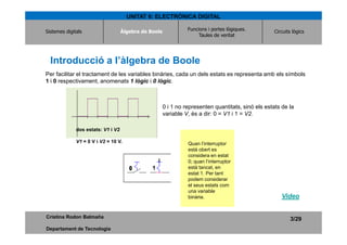 UNITAT 6: ELECTRÒNICA DIGITAL

Sistemes digitals                   Àlgebra de Boole
                                      ...
