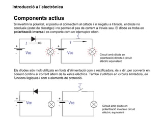 Introducció a l’electrònica

Components actius
Si invertim la polaritat, el positiu el connectem al càtode i el negatiu a l’ànode, el díode no
condueix (estat de blocatge) i no permet el pas de corrent a través seu. El díode es troba en
polarització inversa i es comporta com un interruptor obert.




                                                               Circuit amb díode en
                                                               polarització directa i circuit
                                                               elèctric equivalent


Els díodes són molt utilitzats en fonts d’alimentació com a rectificadors, és a dir, per convertir en
corrent continu el corrent altern de la xarxa elèctrica. També s’utilitzen en circuits limitadors, en
funcions lògiques i com a elements de protecció.




                                                                 Circuit amb díode en
                                                                 polarització inversa i circuit
                                                                 elèctric equivalent
 