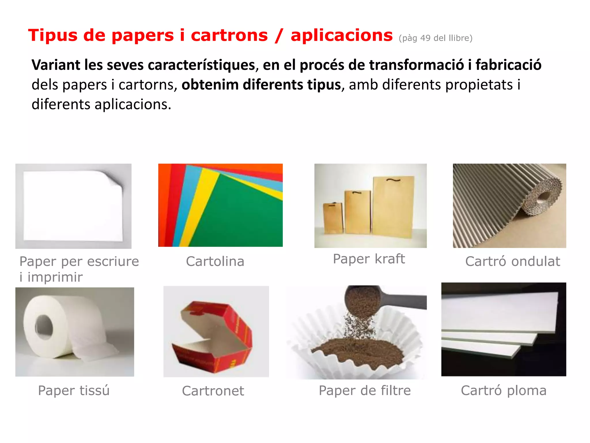Materials d’ús tècnic: papers i fustes
Tipus de papers i cartrons / aplicacions (pàg 49 del llibre)
Cartró ondulatPaper per escriure
i imprimir
Cartolina
Cartró plomaPaper de filtrePaper tissú
Paper kraft
Cartronet
Variant les seves característiques, en el procés de transformació i fabricació
dels papers i cartorns, obtenim diferents tipus, amb diferents propietats i
diferents aplicacions.
 