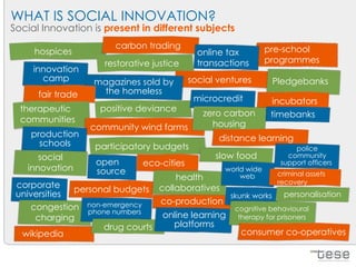 WHAT IS SOCIAL INNOVATION?
Social Innovation is present in different subjects
                        carbon trading                           pre-school
     hospices                                 online tax
                      restorative justice     transactions       programmes
     innovation
       camp        magazines sold by        social ventures       Pledgebanks
      fair trade     the homeless
                                             microcredit          incubators
  therapeutic        positive deviance
                                               zero carbon        timebanks
  communities                                    housing
                   community wind farms
    production                                     distance learning
      schools      participatory budgets                                police
      social                                      slow food           community
                    open       eco-cities                           support officers
   innovation       source                          world wide
                                                                   criminal assets
                                       health           web
                                                                   recovery
 corporate                         collaboratives
              personal budgets
 universities                                     skunk works        personalisation
                                   co-production
    congestion non-emergency
                 phone numbers                         cognitive behavioural
     charging                       online learning     therapy for prisoners
                     drug courts      platforms
  wikipedia                                             consumer co-operatives
 