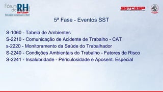 5ª Fase - Eventos SST
S-1060 - Tabela de Ambientes
S-2210 - Comunicação de Acidente de Trabalho - CAT
s-2220 - Monitoramento da Saúde do Trabalhador
S-2240 - Condições Ambientais do Trabalho - Fatores de Risco
S-2241 - Insalubridade - Periculosidade e Aposent. Especial
 