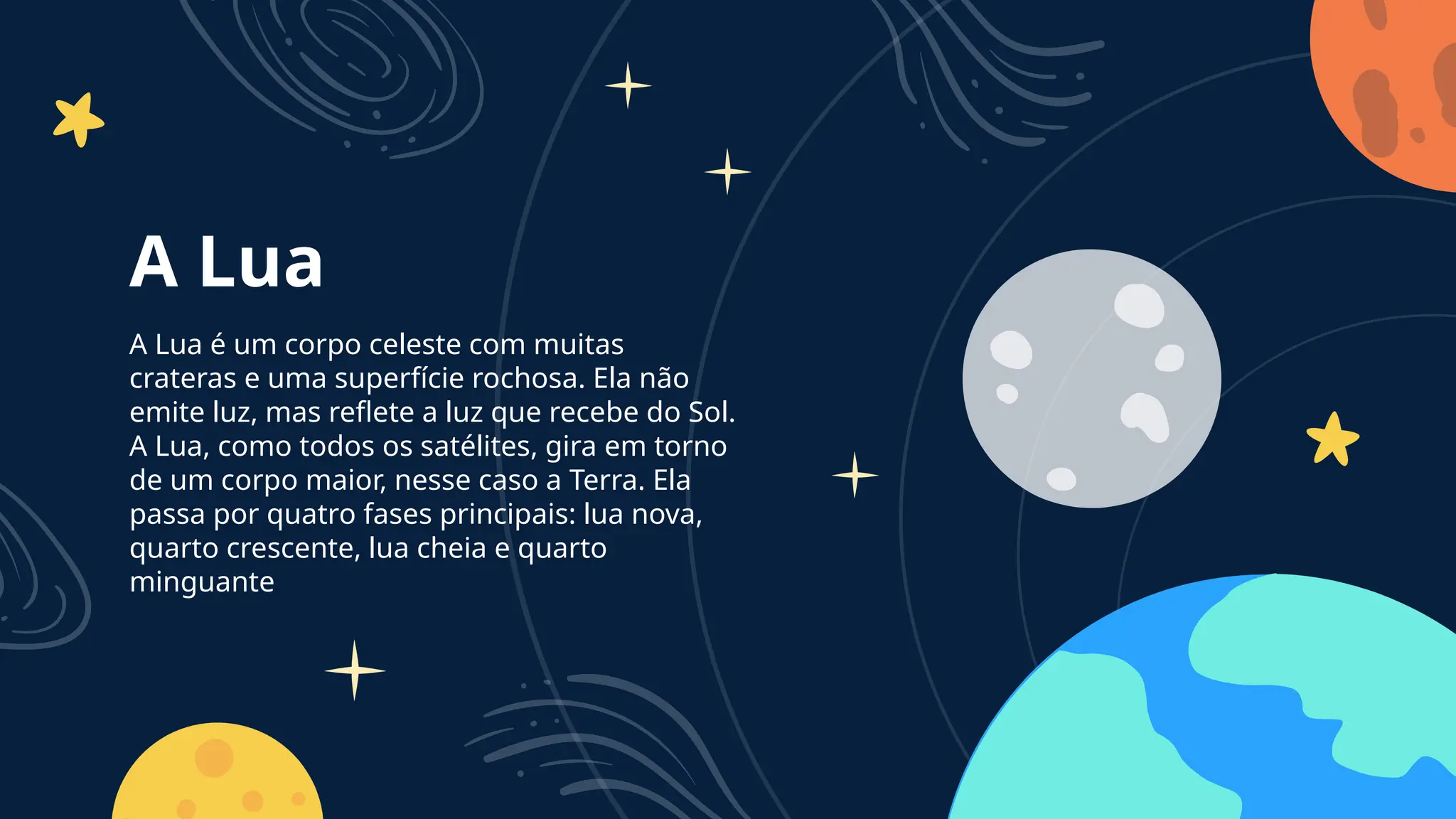 A Lua é um corpo celeste com muitas
crateras e uma superfície rochosa. Ela não
emite luz, mas reflete a luz que recebe do Sol.
A Lua, como todos os satélites, gira em torno
de um corpo maior, nesse caso a Terra. Ela
passa por quatro fases principais: lua nova,
quarto crescente, lua cheia e quarto
minguante
A Lua
 