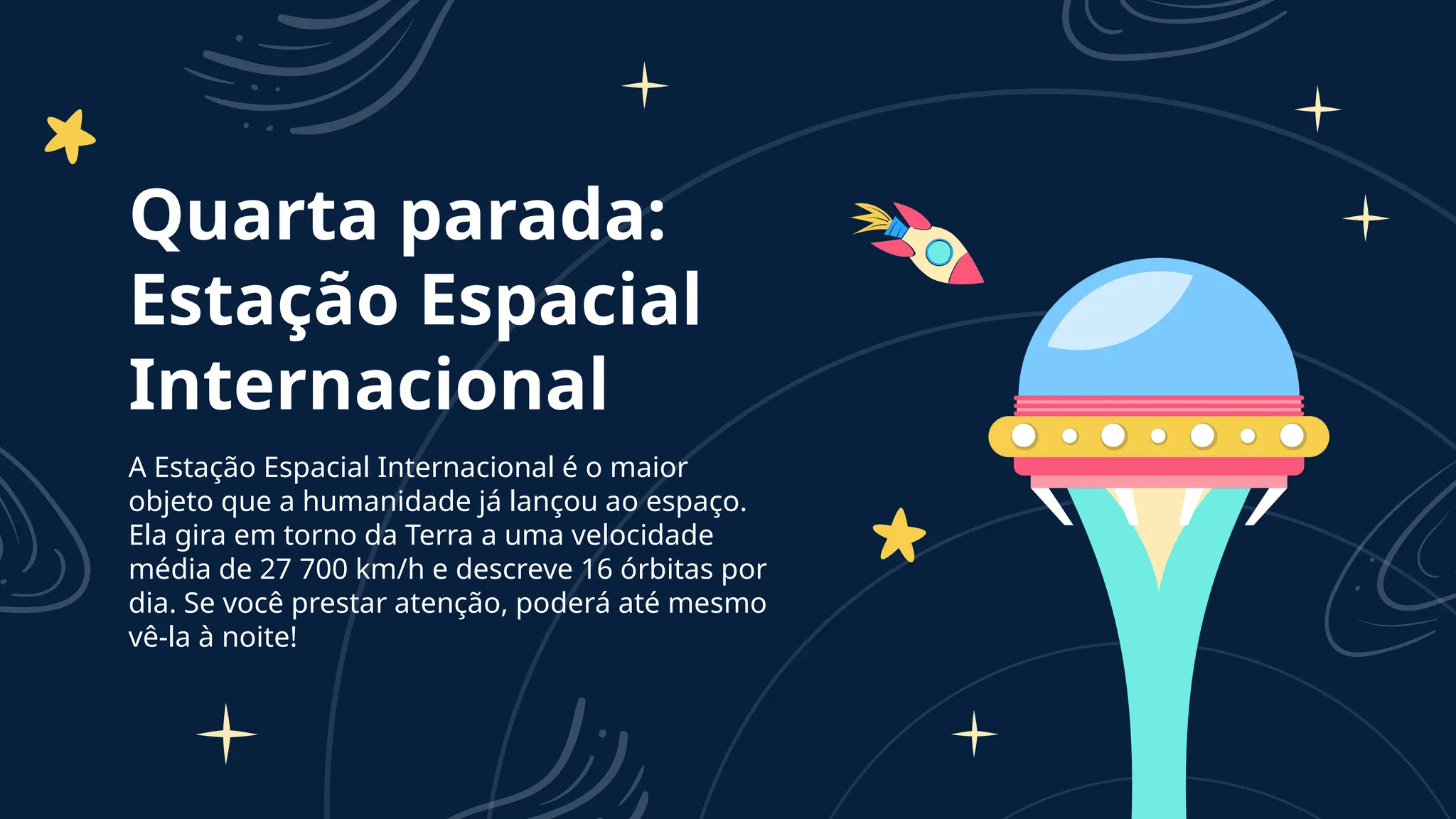 A Estação Espacial Internacional é o maior
objeto que a humanidade já lançou ao espaço.
Ela gira em torno da Terra a uma velocidade
média de 27 700 km/h e descreve 16 órbitas por
dia. Se você prestar atenção, poderá até mesmo
vê-la à noite!
Quarta parada:
Estação Espacial
Internacional
 