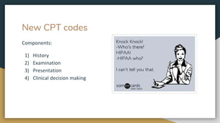 New CPT codes
Components:
1) History
2) Examination
3) Presentation
4) Clinical decision making
 