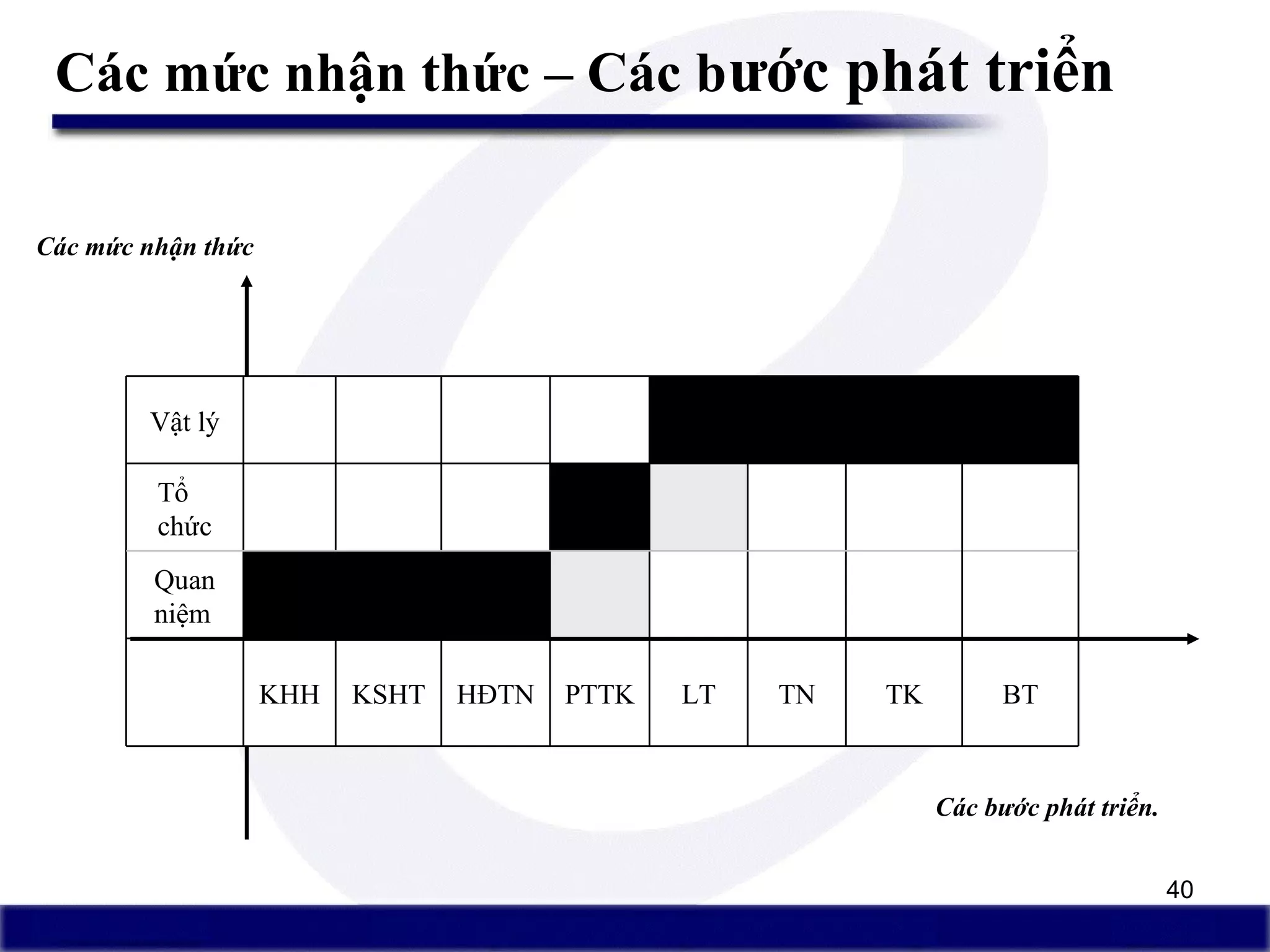40
Các mức nhận thức – Các bước phát triển
Các mức nhận thức
Các bước phát triển.
Mức nhận
thức
TK BTTNLTPTTKHĐTNKSHTKHH
Quan
niệm
Tổ
chức
Vật lý
 