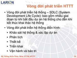 Vòng đời phát triển HTTT
   ●   Vòng đời phát triển hệ thống – SDLC (System
       Development Life Cycle): bao gồm nhiều giai
       đoạn từ khi bắt đầu dự án hệ thống cho đến khi
       kết thúc khai thác hệ thống
   ●   Vòng đời phát triển hệ thống điển hình:
          Khảo sát hệ thống & xác lập dự án
          Phân tích
          Thiết kế
          Triển khai
          Vận hành và bảo trì
Hệ Thống Kiến Thức Môn: PTTK HTTT                       10
 
