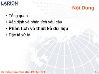 Nội Dung
   ●   Tổng quan
   ●   Xác định và phân tích yêu cầu
   ●   Phân tích và thiết kế dữ liệu
   ●   Đặc tả xử lý




Hệ Thống Kiến Thức Môn: PTTK HTTT                 14
 