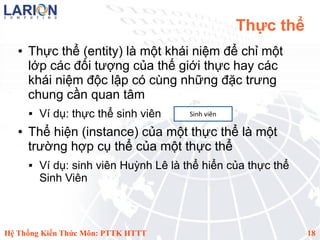 Thực thể
   ●   Thực thể (entity) là một khái niệm để chỉ một
       lớp các đối tượng của thế giới thực hay các
       khái niệm độc lập có cùng những đặc trưng
       chung cần quan tâm
          Ví dụ: thực thể sinh viên     Sinh viên

   ●   Thể hiện (instance) của một thực thể là một
       trường hợp cụ thể của một thực thể
          Ví dụ: sinh viên Huỳnh Lê là thể hiển của thực thể
           Sinh Viên



Hệ Thống Kiến Thức Môn: PTTK HTTT                               18
 