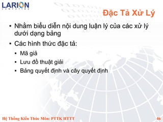 Đặc Tả Xử Lý
   ●   Nhằm biểu diễn nội dung luận lý của các xử lý
       dưới dạng bảng
   ●   Các hình thức đặc tả:
          Mã giả
          Lưu đồ thuật giải
          Bảng quyết định và cây quyết định




Hệ Thống Kiến Thức Môn: PTTK HTTT                        46
 