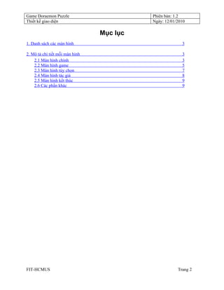 Game Doraemon Puzzle                       Phiên bản: 1.2
Thiết kế giao diện                         Ngày: 12/01/2010

                                 Mục lục
1. Danh sách các màn hình                                3

2. Mô tả chi tiết mỗi màn hình                           3
    2.1 Màn hình chính                                   3
    2.2 Màn hình game                                    5
    2.3 Màn hình tùy chọn                                7
    2.4 Màn hình tác giả                                 8
    2.5 Màn hình kết thúc                                9
    2.6 Các phần khác                                    9




FIT-HCMUS                                              Trang 2
 