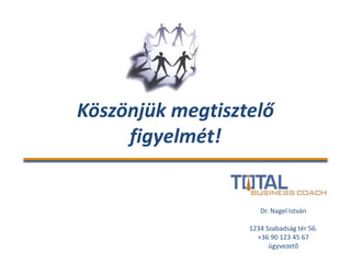 Köszönjük megtisztelő
figyelmét!
Dr. Nagel István
1234 Szabadság tér 56.
+36 90 123 45 67
ügyvezető
 