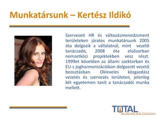 Munkatársunk – Kertész Ildikó
Szervezeti HR és változásmenedzsment
területeken járatos munkatársunk 2005
óta dolgozik a vállalatnál, mint vezető
tanácsadó, 2008 óta elsősorban
nemzetközi projektekben vesz részt.
1999et követően az állami szektorban és
EU-s jogharmonizációban dolgozott vezető
beosztásban. Okleveles közgazdász
vezetés és szervezés területen, jelenleg
két egyetemen tanít a tanácsadói munka
mellett.
 