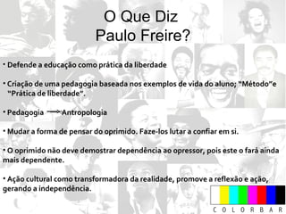 O Que  Diz  Paulo Freire? D efende a educação como prática da liberdade Criação de uma pedagogia baseada nos exemplos de vida do aluno; “Método”e  “Prática de liberdade”. Pedagogia  Antropologia Mudar a forma de pensar do oprimido. Faze-los lutar a confiar em si. O oprimido não deve demostrar dependência ao opressor, pois este o fará ainda mais dependente. Ação cultural como transformadora da realidade, promove a reflexão e ação, gerando a independência. 