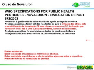 O uso do Novaluron

 WHO SPECIFICATIONS FOR PUBLIC HEALTH
 PESTICIDES - NOVALURON - EVALUATION REPORT
 672/2003
 Novaluron é geralmente de baixa toxicidade aguda, subaguda e crônica.
 Avaliações positivas foram obtidos nos testes de pele e irritação dos olhos, pele
 e sensibilização da formulação CE mas não ocorrem com o TC, indicando que
 novaluron em si não é uma substância irritante, nem um sensibilizador.
 Avaliações negativas foram obtidos em testes de carcinogenicidade e
 mutagenicidade; não mostra sinais de desenvolvimento de toxicidade




 Dados ambientais:
 Baixa toxicidade em pássaros e mamíferos e abelhas.
 Baixa toxicidade em minhocas e não tem efeitos adversos sobre a microflora.
 Praticamente não há volatização do produto.
 