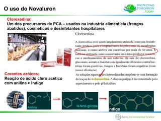 O uso do Novaluron
 Clorexedina:
 Um dos precursores de PCA – usados na industria alimentícia (frangos
 abatidos), cosméticos e desinfetantes hospitalares




Corantes azóicos:
Reação de ácido cloro acético
com anilina > Índigo




                                                   Índigo
 
