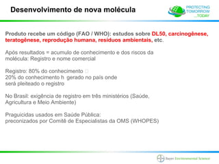 Desenvolvimento de nova molécula


Produto recebe um código (FAO / WHO): estudos sobre DL50, carcinogênese,
teratogênese, reprodução humana, resíduos ambientais, etc.

Após resultados = acumulo de conhecimento e dos riscos da
molécula: Registro e nome comercial

Registro: 80% do conhecimento ¿
20% do conhecimento h gerado no país onde
será pleiteado o registro

No Brasil: exigência de registro em três ministérios (Saúde,
Agricultura e Meio Ambiente)

Praguicidas usados em Saúde Pública:
preconizados por Comitê de Especialistas da OMS (WHOPES)
 