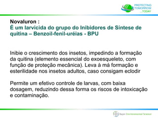 Novaluron :
É um larvicida do grupo do Inibidores de Síntese de
quitina – Benzoil-fenil-uréias - BPU


Inibie o crescimento dos insetos, impedindo a formação
da quitina (elemento essencial do exoesqueleto, com
função de proteção mecânica). Leva à má formação e
esterilidade nos insetos adultos, caso consigam eclodir

Permite um efetivo controle de larvas, com baixa
dosagem, reduzindo dessa forma os riscos de intoxicação
e contaminação.
 