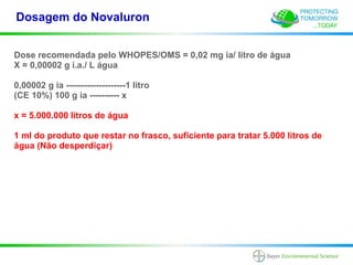 Dosagem do Novaluron


Dose recomendada pelo WHOPES/OMS = 0,02 mg ia/ litro de água
X = 0,00002 g i.a./ L água

0,00002 g ia --------------------1 litro
(CE 10%) 100 g ia ---------- x

x = 5.000.000 litros de água

1 ml do produto que restar no frasco, suficiente para tratar 5.000 litros de
água (Não desperdiçar)
 
