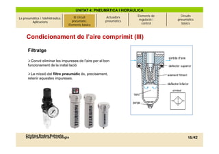 UNITAT 4: PNEUMÀTICA I HIDRÀULICA
                                                                       Elements de      Circuits
La pneumàtica i l’olehidràulica.   El circuitcircuit
                                          El pneumàtic.    Actuadors
                                                                        regulació i   pneumàtics
        Aplicacions                     pneumàtic.
                                      Elements bàsics     pneumàtics
                                     Elements bàsics                      control       bàsics



     Condicionament de l’aire comprimit (III)

      Filtratge

      Convé eliminar l i
      C     é li i   les impureses d l’ i per al b
                                      de l’aire l bon
      funcionament de la instal·lació

      La missió del filtre pneumàtic és, precisament,
      retenir aquestes impureses.
        t i        t i




     Cristina Rodon Balmaña
     Departament de Tecnologia                                                              15 /42
 