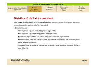 UNITAT 4: PNEUMÀTICA I HIDRÀULICA
                                                                               Elements de              Circuits
La pneumàtica i l’olehidràulica.   El circuitcircuit
                                          El pneumàtic.    Actuadors
                                                                                regulació i           pneumàtics
        Aplicacions                     pneumàtic.
                                      Elements bàsics     pneumàtics
                                     Elements bàsics                              control               bàsics




         Distribució de l’aire comprimit
                        l aire
         La xarxa de distribució són les canalitzacions que connecten els diversos elements
         pneumàtics per les quals circula l’aire comprimit
         Característiques:
                dissenyat per a què la pèrdua de pressió sigui petita,
                dissenyat per a què no hi hagi pèrdua d’aire per fuites
                 dissenyat                             d aire
                quantitat d’aigua present a la xarxa i als punts d’utilització sigui mínima.
                les canonades solen ser d’acer o coure, encara que darrerament són molt utilitzades
                les de polietilè i poliamida.
                hauran d’instal·lar-se de tal manera que el pendent en el sentit de circulació de l’aire
                sigui d’1 a 3%.




     Cristina Rodon Balmaña
     Departament de Tecnologia                                                                              19 /42
 