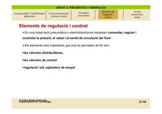 UNITAT 4: PNEUMÀTICA I HIDRÀULICA
                                                            Actuadors   Elements de      Circuits
La pneumàtica i l’olehidràulica.   El circuit pneumàtic.                 regulació i   pneumàtics
        Aplicacions                   Elements bàsics      pneumàtics
                                                                           control       bàsics



     Elements de regulació i control
        En una instal·lació pneumàtica o oleohidràulica és necessari comandar, regular i
        controlar la pressió, el cabal i el sentit de circulació del fluid

        Els elements més importants que ens ho permeten de fer són:

        les vàlvules distribuïdores,

        les vàlvules de control

        regulació i els captadors de senyal.




     Cristina Rodon Balmaña
     Departament de Tecnologia                                                               27 /42
 