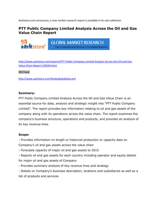 Aarkstore.com announces, a new market research report is available in its vast collection

PTT Public Company Limited Analysis Across the Oil and Gas
Value Chain Report




http://www.aarkstore.com/reports/PTT-Public-Company-Limited-Analysis-Across-the-Oil-and-Gas-
Value-Chain-Report-158244.html

RSS Feed:

http://www.aarkstore.com/feeds/globalData.xml




Summary:
PTT Public Company Limited Analysis Across the Oil and Gas Value Chain is an
essential source for data, analysis and strategic insight into “PTT Public Company
Limited”. The report provides key information relating to oil and gas assets of the
company along with its operations across the value chain. The report examines the
company’s business structure, operations and products, and provides an analysis of
its key revenue lines.


Scope:
- Provides information on length or historical production or capacity data on
Company’s oil and gas assets across the value chain
- Forecasts capacity of major oil and gas assets to 2015
- Reports oil and gas assets for each country including operator and equity details
for major oil and gas assets of Company
- Provides summary analysis of key revenue lines and strategy
- Details on Company’s business description, locations and subsidiaries as well as a
list of products and services
 