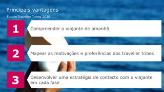 Page 18
Principais vantagens
Future Traveller Tribes 2030
1
2
3 Desenvolver uma estratégia de contacto com o viajante
em cada fase
Mapear as motivações e preferências dos traveller tribes
Compreender o viajante de amanhã
 