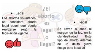  Legal
Los abortos voluntarios,
se considera aborto
legal aquel que puede
realizarse según la
legislación vigente.
 Ilegal
Se llevan a cabo al
margen de la ley, en la
clandestinidad. Este
tipo de aborto además
de un delito grave
riesgo para la salud
 