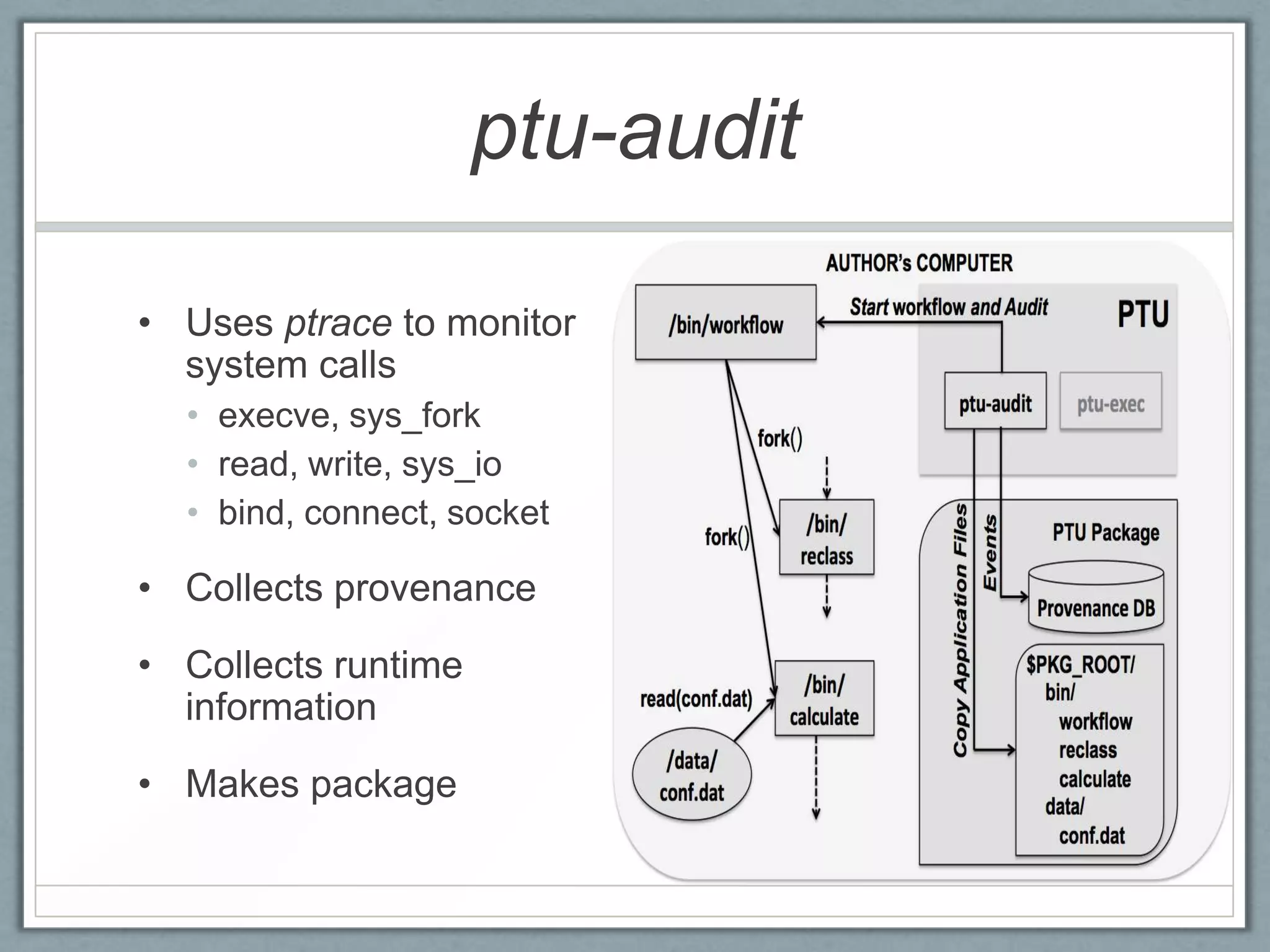 ptu-audit

• Uses ptrace to monitor
  system calls
  • execve, sys_fork
  • read, write, sys_io
  • bind, connect, socket

• Collects provenance
• Collects runtime
  information
• Makes package
 