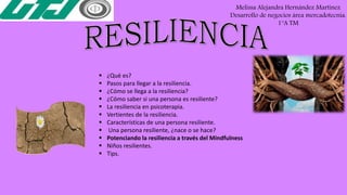  ¿Qué es?
 Pasos para llegar a la resiliencia.
 ¿Cómo se llega a la resiliencia?
 ¿Cómo saber si una persona es resiliente?
 La resiliencia en psicoterapia.
 Vertientes de la resiliencia.
 Características de una persona resiliente.
 Una persona resiliente, ¿nace o se hace?
 Potenciando la resiliencia a través del Mindfulness
 Niños resilientes.
 Tips.
Melissa Alejandra Hernández Martínez
Desarrollo de negocios área mercadotecnia.
1°A TM
 