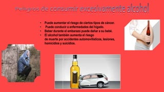 • Puede aumentar el riesgo de ciertos tipos de cáncer.
• Puede conducir a enfermedades del hígado.
• Beber durante el embarazo puede dañar a su bebé.
• El alcohol también aumenta el riesgo
de muerte por accidentes automovilísticos, lesiones,
homicidios y suicidios.
 