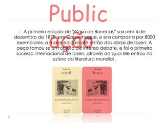 Public
ação

A primeira edição de “Casa de Bonecas” saiu em 4 de
dezembro de 1879, em Copenhague, e era composta por 8000
exemplares, a maior edição até então das obras de Ibsen. A
peça tornou se um objeto de intenso debate, e foi o primeiro
sucesso internacional de Ibsen, através da qual ele entrou na
esfera da literatura mundial .


 