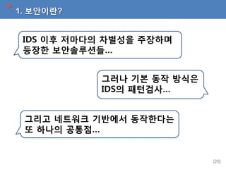 1. 보안이란?

IDS 이후 저마다의 차별성을 주장하며
등장한 보안솔루션들…

그러나 기본 동작 방식은
IDS의 패턴검사…
그리고 네트워크 기반에서 동작한다는
또 하나의 공통점…

[20]

 