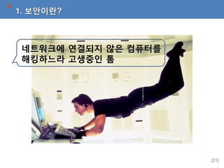 1. 보안이란?

네트워크에 연결되지 않은 컴퓨터를
해킹하느라 고생중인 톰

[21]

 