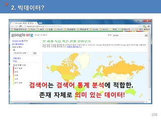 2. 빅데이터?

검색어는 검색어 통계 분석에 적합한,
존재 자체로 의미 있는 데이터!
[33]

 