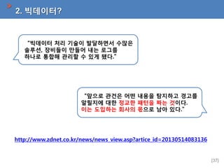 2. 빅데이터?

“빅데이터 처리 기술이 발달하면서 수많은
솔루션, 장비들이 만들어 내는 로그를
하나로 통합해 관리할 수 있게 됐다.”

“앞으로 관건은 어떤 내용을 탐지하고 경고를
알릴지에 대한 정교한 패턴을 짜는 것이다.
이는 도입하는 회사의 몫으로 남아 있다.”

http://www.zdnet.co.kr/news/news_view.asp?artice_id=20130514083136

[37]

 