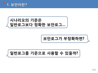 1. 보안이란?

시나리오의 기준은
일반로그보다 정확한 보안로그…
보안로그가 부정확하면?

일반로그를 기준으로 사용할 수 있을까?

[43]

 