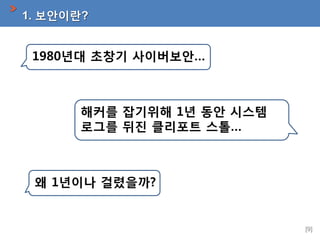 1. 보안이란?

1980년대 초창기 사이버보안…

해커를 잡기위해 1년 동안 시스템
로그를 뒤진 클리포트 스톨…

왜 1년이나 걸렸을까?

[9]

 