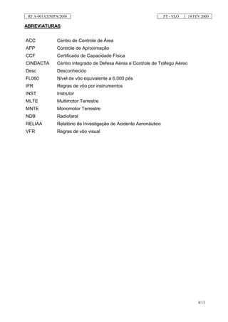 RF A-001/CENIPA/2008                                              PT - VLO   14 FEV 2000

ABREVIATURAS


ACC            Centro de Controle de Área
APP            Controle de Aproximação
CCF            Certificado de Capacidade Física
CINDACTA       Centro Integrado de Defesa Aérea e Controle de Tráfego Aéreo
Desc           Desconhecido
FL060          Nível de vôo equivalente a 6.000 pés
IFR            Regras de vôo por instrumentos
INST           Instrutor
MLTE           Multimotor Terrestre
MNTE           Monomotor Terrestre
NDB            Radiofarol
RELIAA         Relatório de Investigação de Acidente Aeronáutico
VFR            Regras de vôo visual




                                                                                   4/13
 