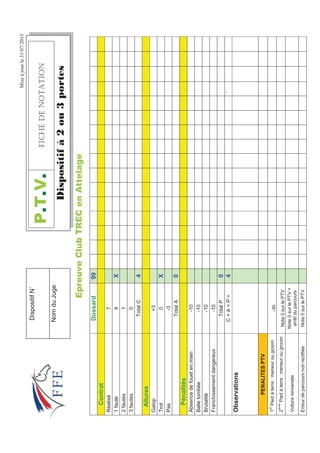 Miseàjourle31/07/2013
(SUHXYHOXE75(HQ$WWHODJH
Dossard99
Contrat
Réalisé7
1faute4X
2fautes1
3fautes0
TotalC4
Allures
Galop+3
Trot0X
Pas-3
TotalA0
Pénalités
Absencedefouetenmain-10
Balletombée-10
Brutalité-10
Franchissementdangereux-10
TotalP0
C+A+P=4`
Observations
PENALITESPTV
1
er
Piedàterre:meneurougroom-30
2
ème
Piedàterre:meneurougroomNote0surlePTV
Voiturerenversée
Note0surlePTV+
arrêtduparcours
ErreurdeparcoursnonrectifiéeNote0surlePTV
379(+%*''016#6+10
'LVSRVLWLI¢RXSRUWHV
DispositifN˚
NomduJuge
 