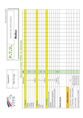Miseàjourle31/07/2013
(SUHXYHOXE75(HQ$WWHODJH
Dossard99
Contrat
Réalisé7
1faute4X
2fautes1
3fautes0
TotalC4
Allures
Galop+3
Trot0X
Pas-3
TotalA0
Pénalités
Absencedefouetenmain-10
Brutalité-10
Franchissementdangereux-10
Piedourouesorti(e)ducouloir-10
TotalP0
C+A+P=4`
Observations
PENALITESPTV
1
er
Piedàterre:meneurougroom-30
2
ème
Piedàterre:meneurougroomNote0surlePTV
Voiturerenversée
Note0surlePTV+
arrêtduparcours
ErreurdeparcoursnonrectifiéeNote0surlePTV
379(+%*''016#6+10
'ROLQH
DispositifN˚
NomduJuge
 