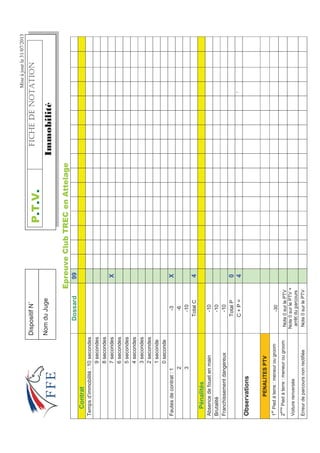 Miseàjourle31/07/2013
(SUHXYHOXE75(HQ$WWHODJH
Dossard99
Contrat
Tempsd’immobilité:10secondes
9secondes
8secondes
7secondesX
6secondes
5secondes
4secondes
3secondes
2secondes
1seconde
0seconde
Fautesdecontrat:1-3X
2-6
3-10
TotalC4
Pénalités
Absencedefouetenmain-10
Brutalité-10
Franchissementdangereux-10
TotalP0
C+P=4`
Observations
PENALITESPTV
1
er
Piedàterre:meneurougroom-30
2
ème
Piedàterre:meneurougroomNote0surlePTV
Voiturerenversée
Note0surlePTV+
arrêtduparcours
ErreurdeparcoursnonrectifiéeNote0surlePTV
379(+%*''016#6+10
,PPRELOLW«
DispositifN˚
NomduJuge
 