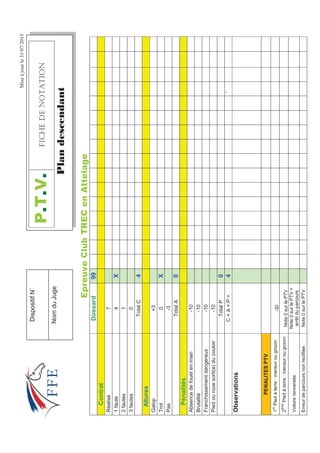 Miseàjourle31/07/2013
(SUHXYHOXE75(HQ$WWHODJH
Dossard99
Contrat
Réalisé7
1faute4X
2fautes1
3fautes0
TotalC4
Allures
Galop+3
Trot0X
Pas-3
TotalA0
Pénalités
Absencedefouetenmain-10
Brutalité-10
Franchissementdangereux-10
Piedourouesorti(e)ducouloir-10
TotalP0
C+A+P=4`
Observations
PENALITESPTV
1
er
Piedàterre:meneurougroom-30
2
ème
Piedàterre:meneurougroomNote0surlePTV
Voiturerenversée
Note0surlePTV+
arrêtduparcours
ErreurdeparcoursnonrectifiéeNote0surlePTV
379(+%*''016#6+10
3ODQGHVFHQGDQW
DispositifN˚
NomduJuge
 