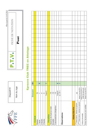 Miseàjourle31/07/2013
(SUHXYHOXE75(HQ$WWHODJH
Dossard99
Contrat
Réalisé10
1faute7X
2fautes4
3fautes0
TotalC7
Pénalités
Absencedefouetenmain-10
Brutalité-10
Franchissementdangereux-10
TotalP0
C+P=7`
Observations
PENALITESPTV
1
er
Piedàterre:meneurougroom-30
2
ème
Piedàterre:meneurougroomNote0surlePTV
Voiturerenversée
Note0surlePTV+
arrêtduparcours
ErreurdeparcoursnonrectifiéeNote0surlePTV
379(+%*''016#6+10
3RQW
DispositifN˚
NomduJuge
 
