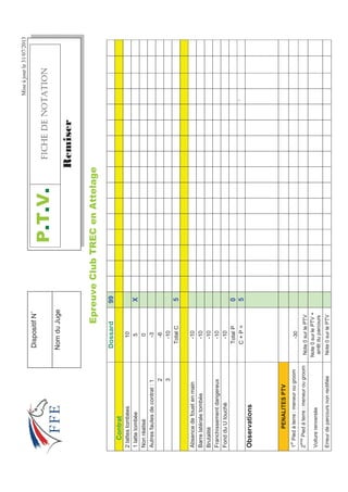Miseàjourle31/07/2013
(SUHXYHOXE75(HQ$WWHODJH
Dossard99
Contrat
2lattestombées10
1lattetombée5X
Nonréalisé0
Autresfautesdecontrat:1-3
2-6
3-10
TotalC5
Absencedefouetenmain-10
Barrelatéraletombée-10
Brutalité-10
Franchissementdangereux-10
FondduUtouché-10
TotalP0
C+P=5`
Observations
PENALITESPTV
1
er
Piedàterre:meneurougroom-30
2
ème
Piedàterre:meneurougroomNote0surlePTV
Voiturerenversée
Note0surlePTV+
arrêtduparcours
ErreurdeparcoursnonrectifiéeNote0surlePTV
379(+%*''016#6+10
5HPLVHU
DispositifN˚
NomduJuge
 