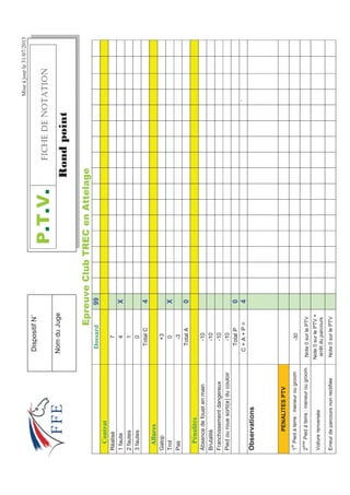Miseàjourle31/07/2013
(SUHXYHOXE75(HQ$WWHODJH
Dossard99
Contrat
Réalisé7
1faute4X
2fautes1
3fautes0
TotalC4
Allures
Galop+3
Trot0X
Pas-3
TotalA0
Pénalités
Absencedefouetenmain-10
Brutalité-10
Franchissementdangereux-10
Piedourouesorti(e)ducouloir-10
TotalP0
C+A+P=4`
Observations
PENALITESPTV
1
er
Piedàterre:meneurougroom-30
2
ème
Piedàterre:meneurougroomNote0surlePTV
Voiturerenversée
Note0surlePTV+
arrêtduparcours
ErreurdeparcoursnonrectifiéeNote0surlePTV
379(+%*''016#6+10
5RQGSRLQW
DispositifN˚
NomduJuge
 